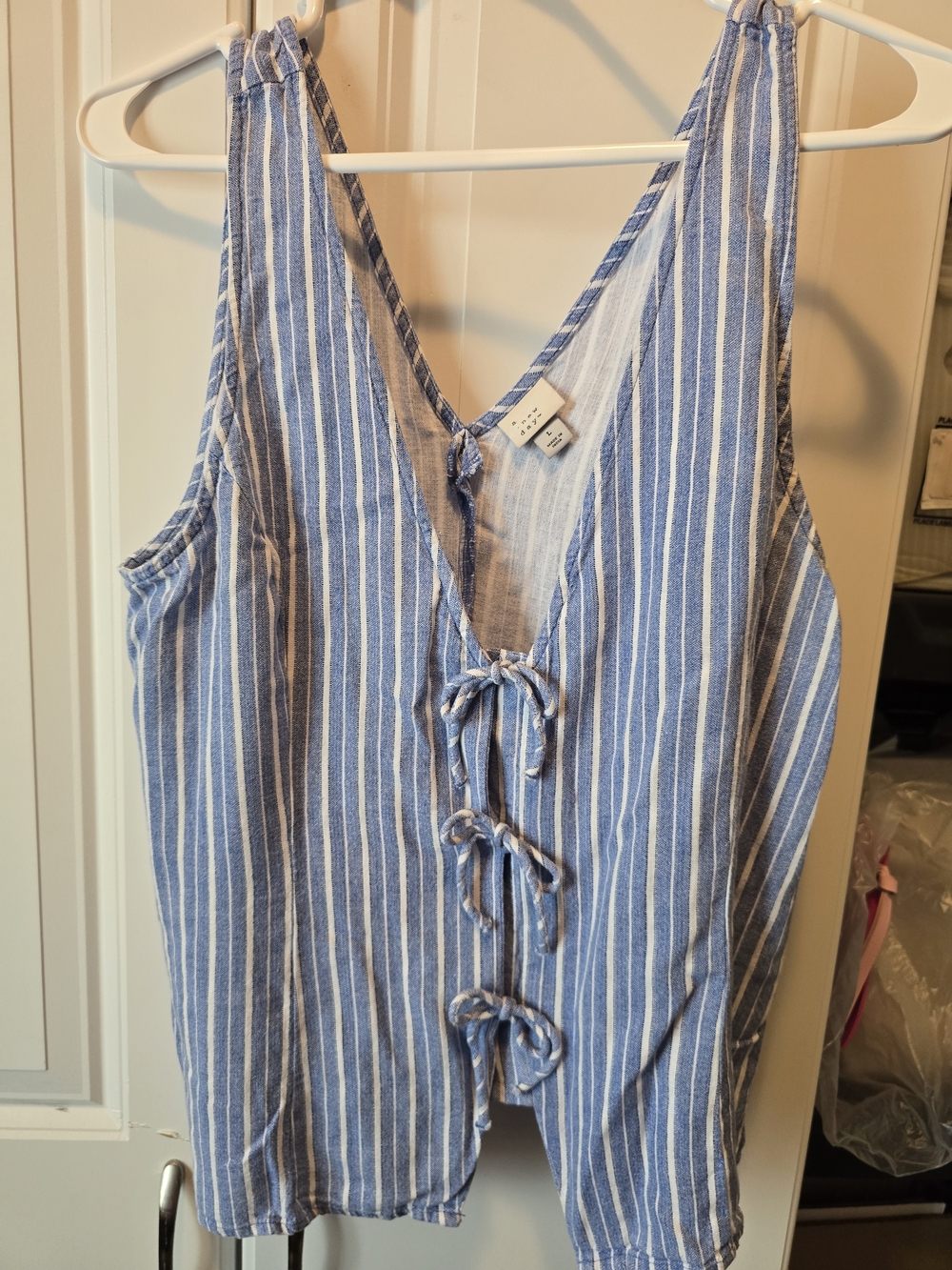 a new day Blue and White Vertical Stripe Tie-Front Tank